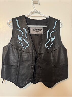 Unik Black Leather Vest with Light Blue Flame Details